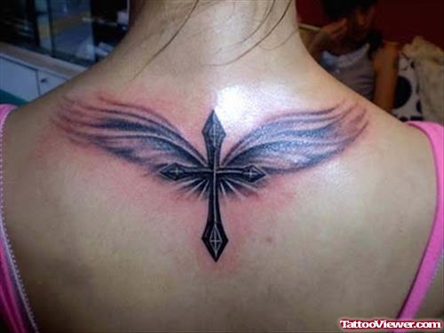 Beautiful Cross Tattoo On Upperback