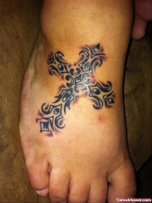 Tribal Cross Tattoo On Right Foot