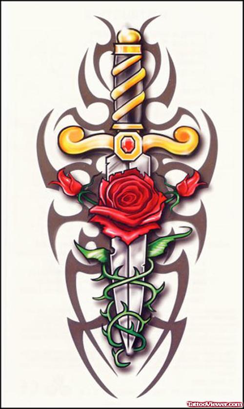 Tribal and Rose Flowers With Dagger Cross Tattoo Design