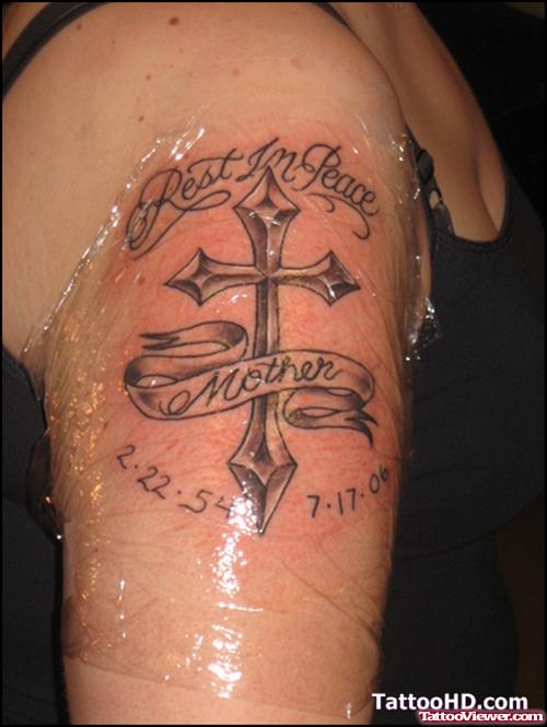 Rest In Peace Cross With Mother Banner Memorial Tattoo On Shoulder