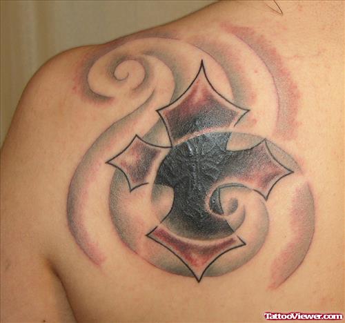 Grey Ink Maltese Cross Tattoo On Left Back Shoulder