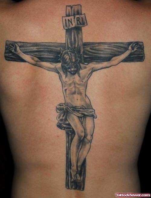 Grey Ink Jesus Christ On Cross Tattoo On Back