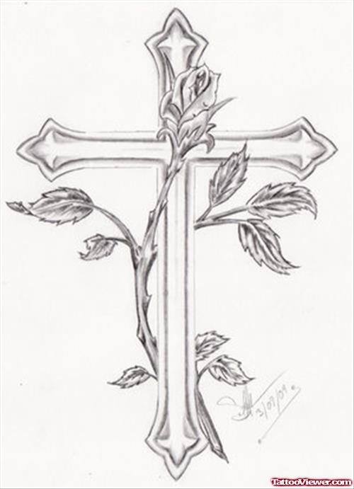 Grey Ink Cross And Leaves Tattoo Design