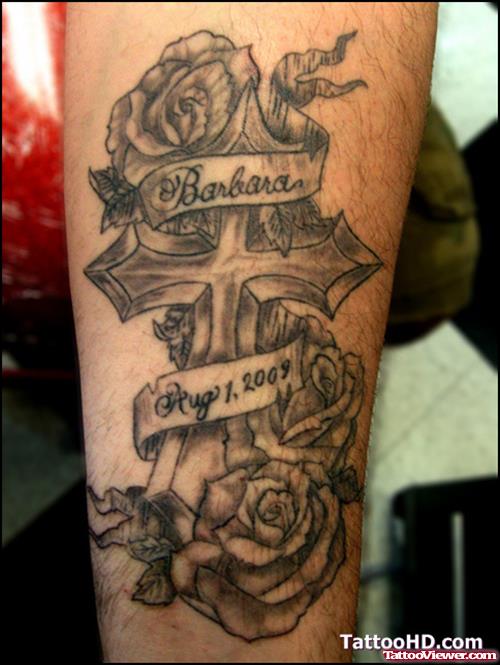 Grey Ink Banners And Cross Tattoo