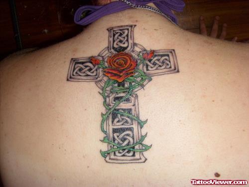 Celtic Cross And Rose Flower Tattoo On Upperback
