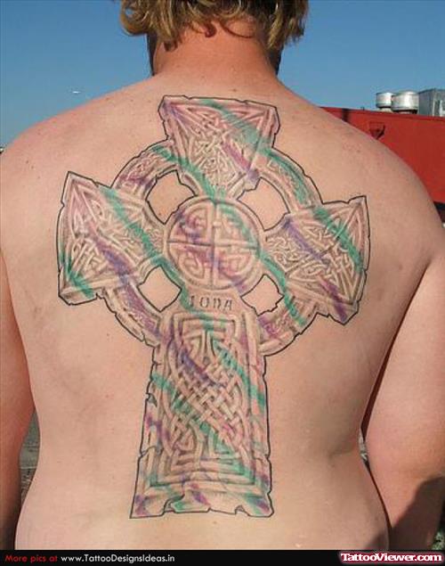 Awesome Large Celtic Cross Tattoo On Back