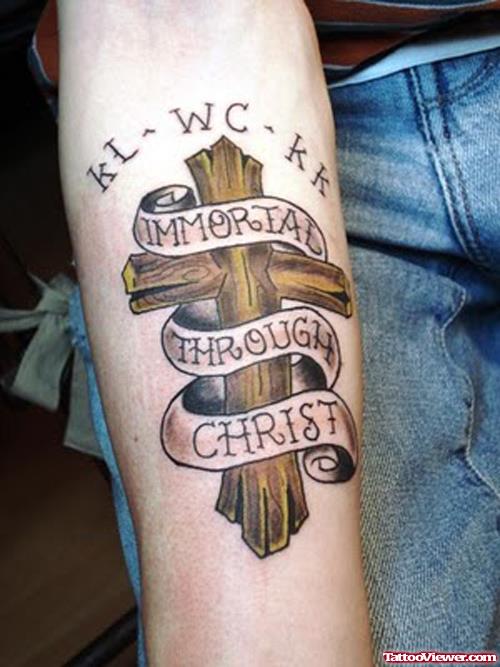 Amazing Cross And Banner Tattoo On Right Arm