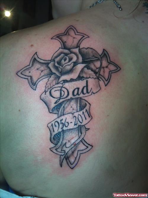 Memorial Dad Banner On Cross Tattoo On Left Back Shoulder