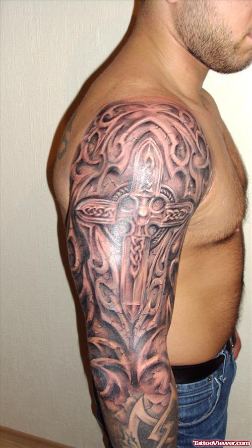 Tribal And Celtic Cross Tattoo On Right Sleeve