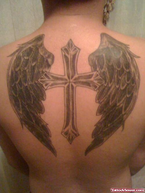 Winged Cross Tattoo On Back Body