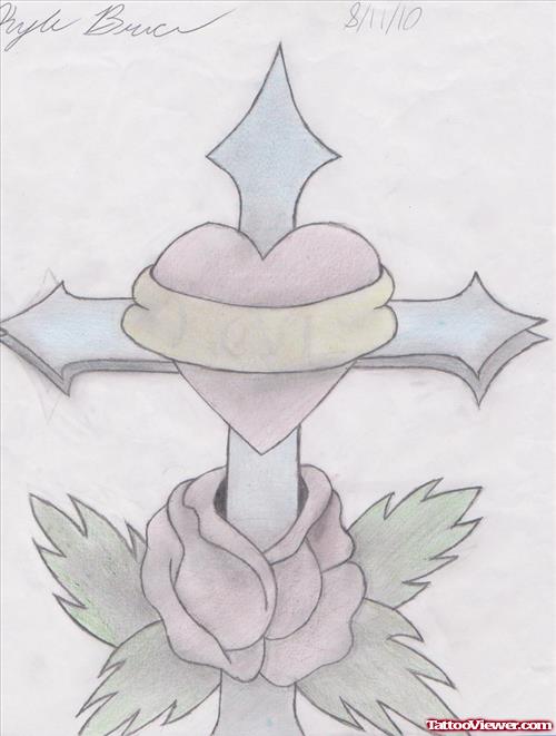 Rose Flower And Cross with Heart Tattoo Design