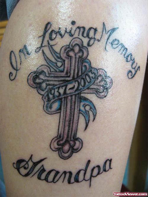 In Loving Memory Cross Tattoo On Leg