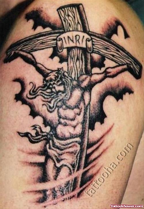 Grey Ink Jesus And Cross Tattoo On Left Half Sleeve