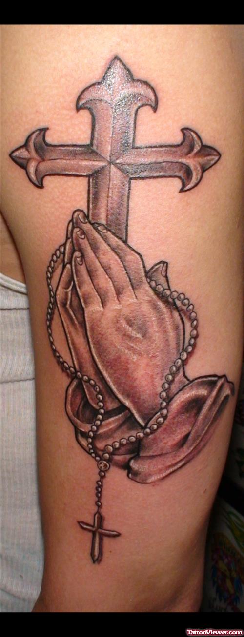 Grey Ink Cross And Praying Hands Tattoo On Half Sleeve