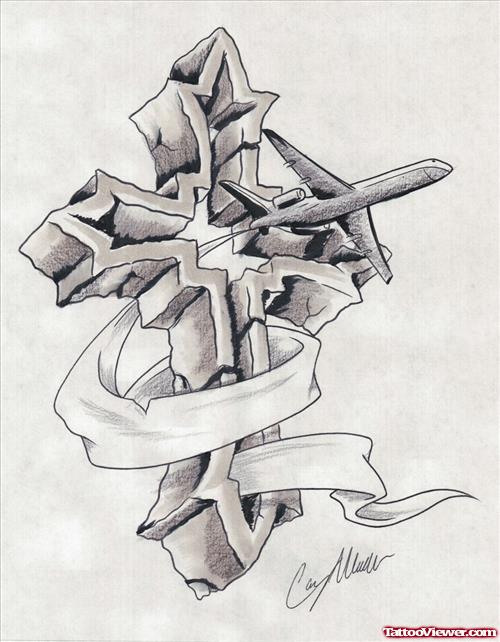 Grey Ink 3D Cross And Flying Plane Tattoo Design