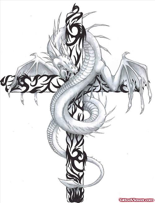 Dragon With Cross Tattoo Design