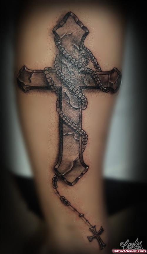 Cross Rosary Grey ink Tattoo On Leg