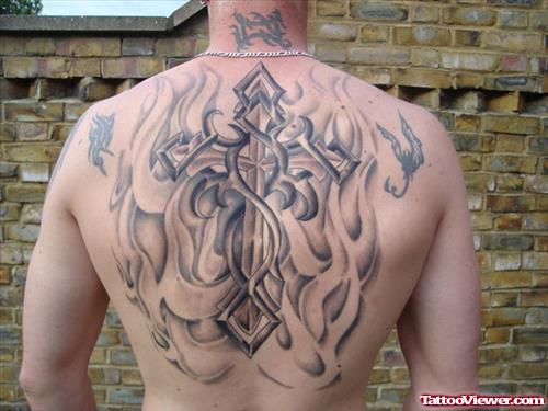 Cross In Flames Tattoo On Back
