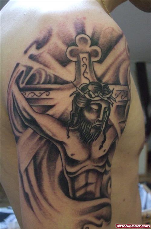 Cross And Jesus Grey ink Tattoo On Man Right Half Sleeve