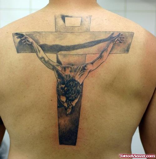 Christ Cross Grey Ink Tattoo On Back