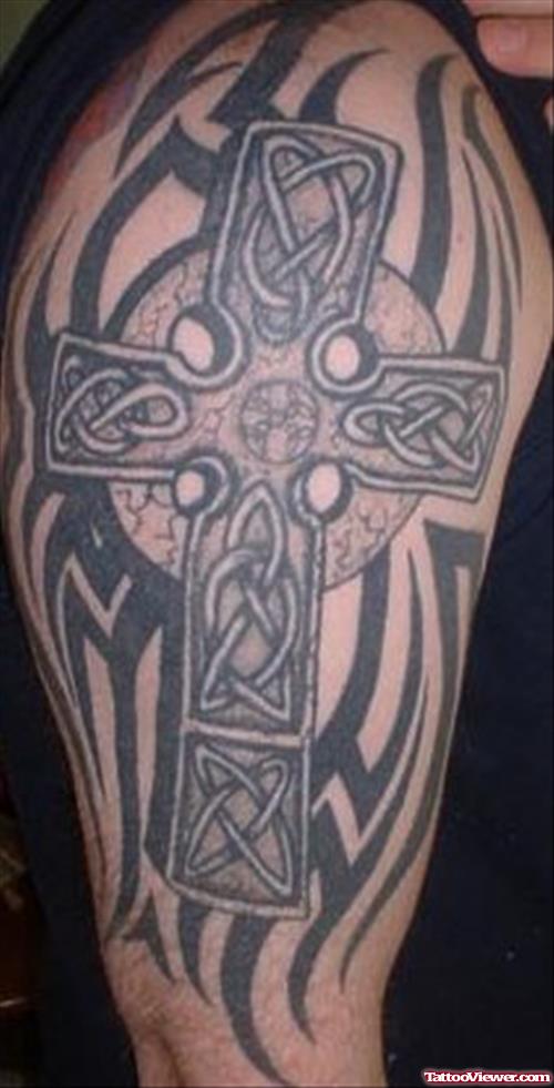 Celtic Cross And Tribal Tattoo On Half Sleeve