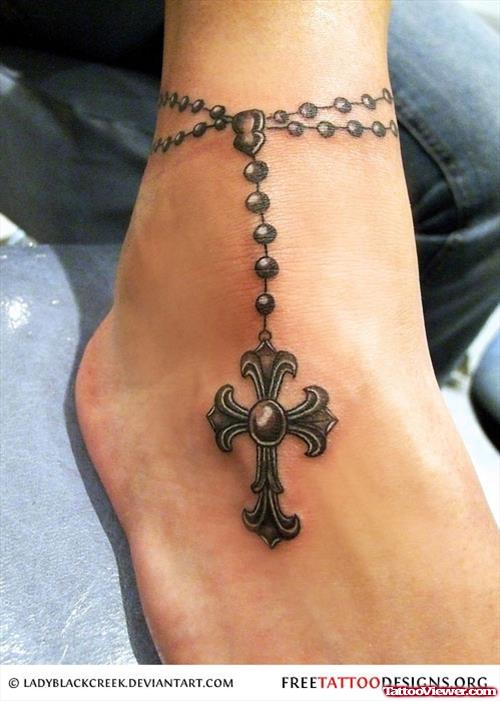 Beautiful Cross Rosary Tattoo On Ankle