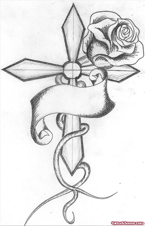 Grey Ink Rose And Cross Tattoo Design