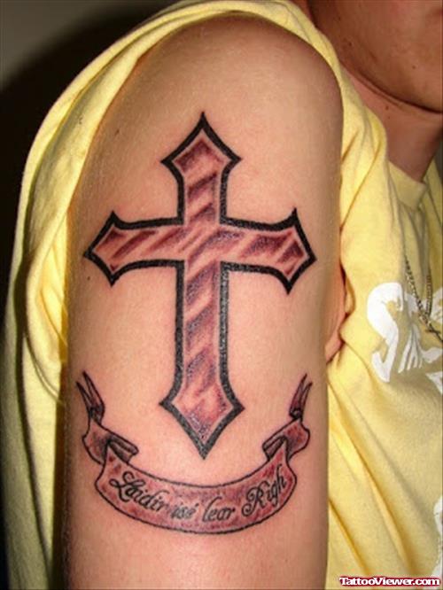 Grey Ink Cross And Banner Tattoo On Half Sleeve