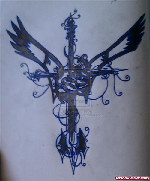 Black Ink Tribal Winged Cross Tattoo Design