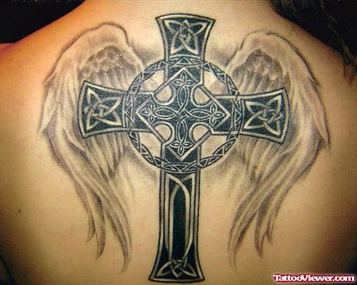 Beautiful Angel Winged Celtic Cross Tattoo On Back