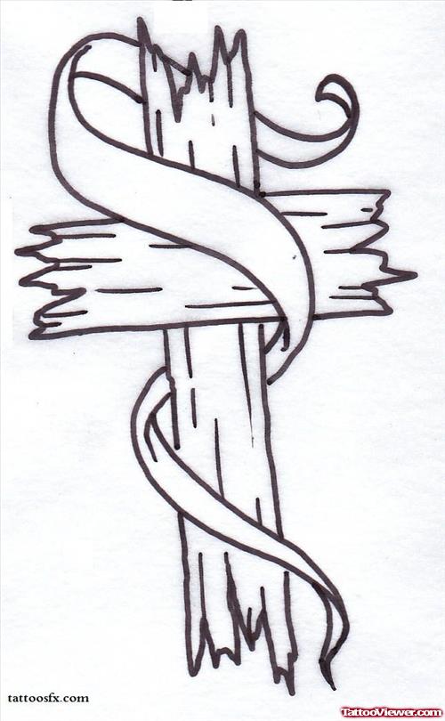 Wodden Cross With Banner Tattoo Design