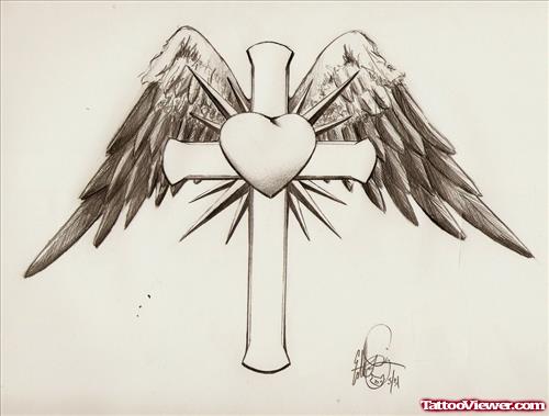 Winged Cross With Heart Tattoo Design