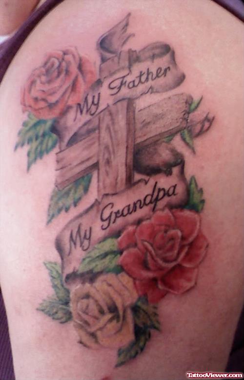 Rose Flowers and Cross With Banner Tattoo On Half Sleeve
