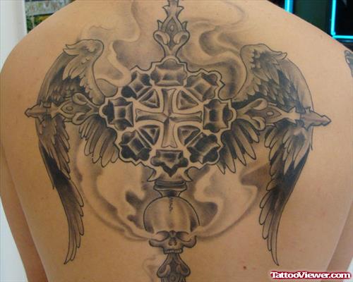 Grey Ink Angel Wings Cross Tattoo On Back Body