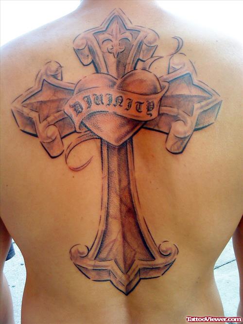 Grey Ink 3D Gothic Cross With Heart Banner Tattoo On Back