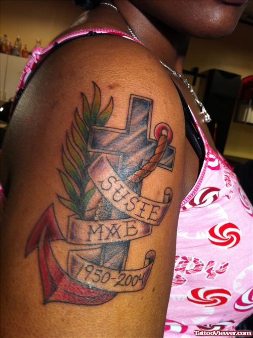 Cross And Anchor With Banner Tattoo On Right Half Sleeve