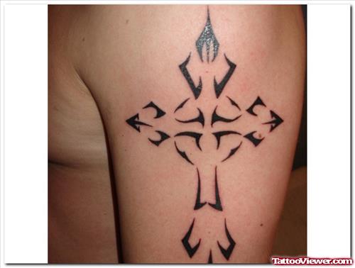 Black Ink Cross Tattoo On Left Half Sleeve