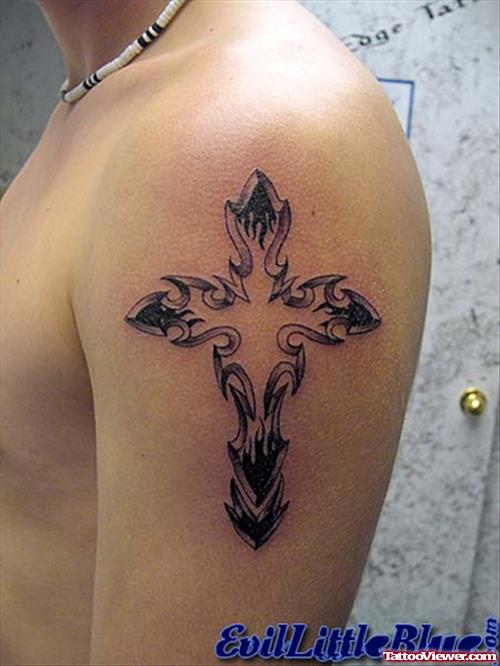 Awesome Tribal Cross Tattoo On Left Shoulder