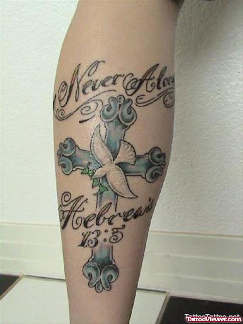 Never Along Hebrew Cross And Flying Dove Tattoo On Back Leg