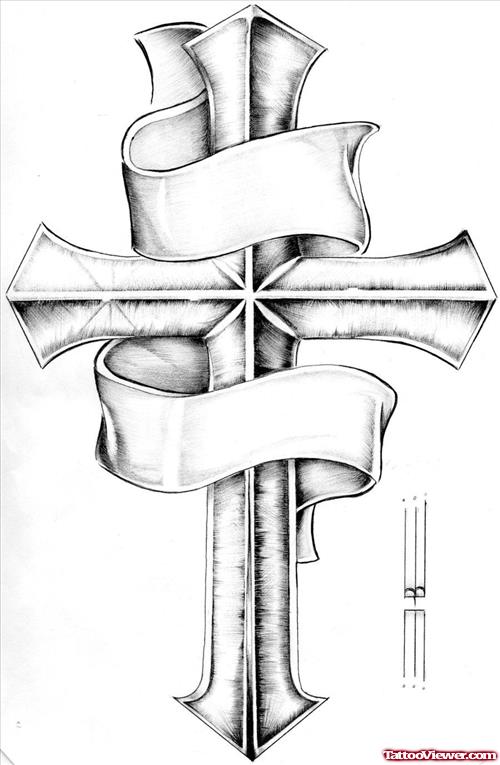 Grey Ink Cross With Banner Tattoo Design