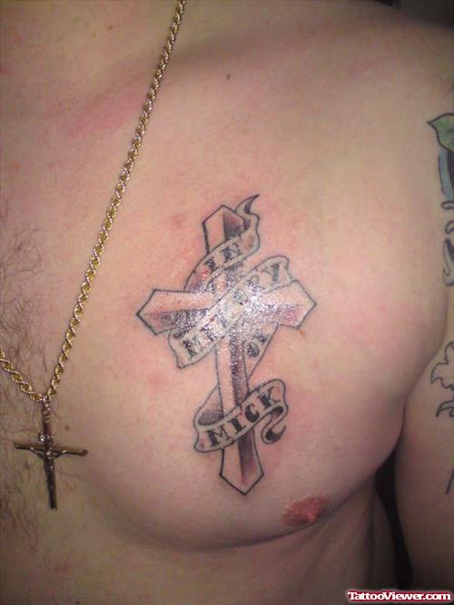 Grey Ink Cross And Banner Chest Tattoo For Men