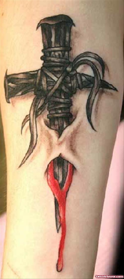 Gothic Ripped Skin Cross Tattoo