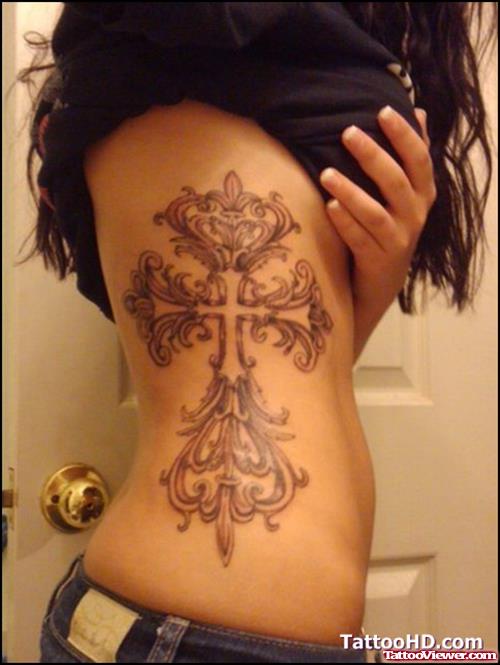 Girl with Cross Tattoo On side Rib