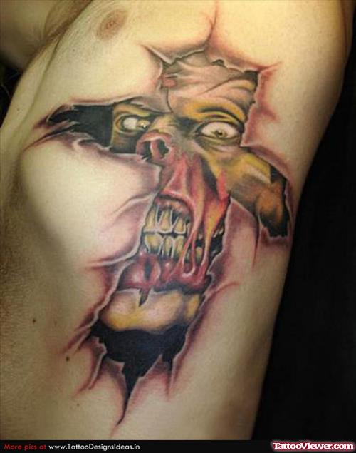 Devil Face In Cross Tattoo On Man Side Rib