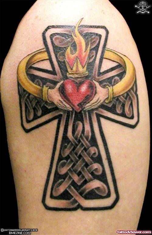 Claddagh Cross Tattoo On Left Shoulder
