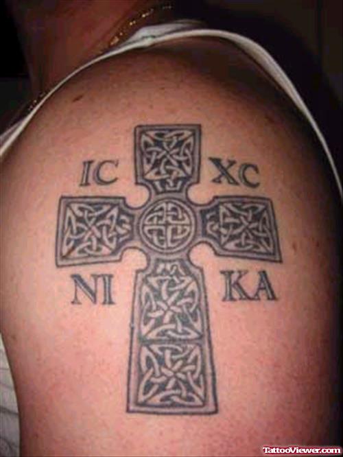 Celtic Cross Tattoo On Man Left Shoulder