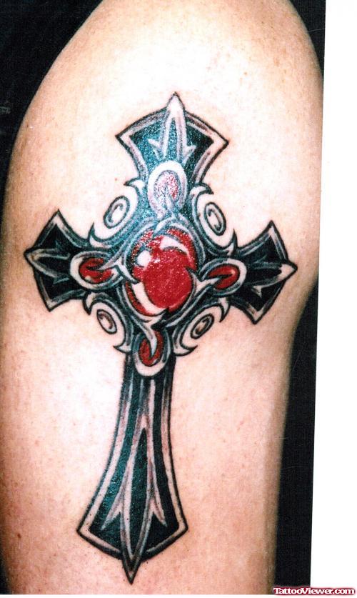 Black Ink Celtic Cross Tattoo On Half Sleeve