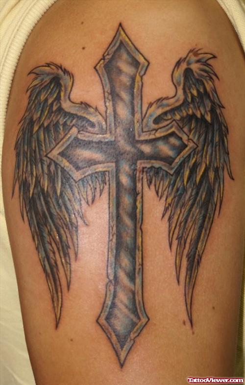 Angel Winged Cross Tattoo Right Half Sleeve