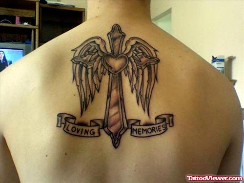 Angel Winged Cross Grey Ink Tattoo On Upperback