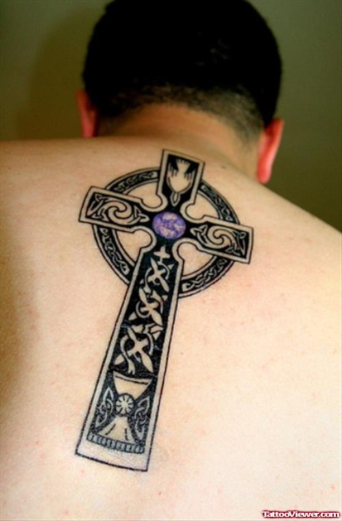 Amazing Colored Ink Cross Tattoo On Back